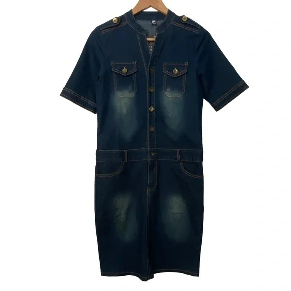 Mida denim mini dress lightweight distressed blue jeans button up closure small - Picture 3 of 16